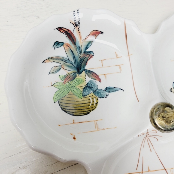 Vintage Japan Divided 3 Section Serving Dish Porcelain Hand Painted Fruit Brass - Picture 8 of 12